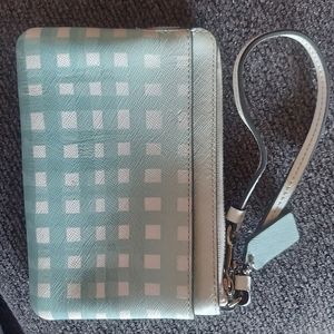 Coach wristlet check print aqua blue and white